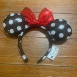 Disney Accessories | Disney Parks Black White Polka Dot Red Sequin Bow Minnie Mouse Ear Headband | Color: Black/Red | Size: Os