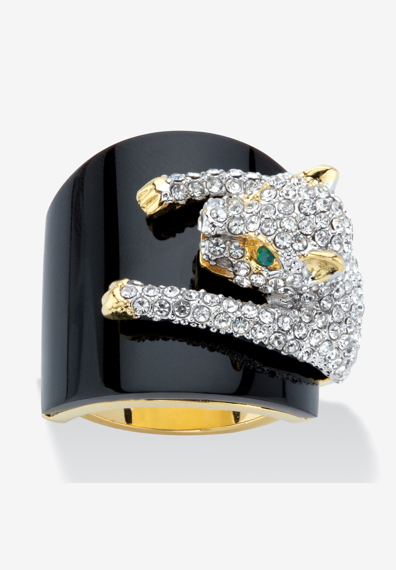 Women's Yellow Gold-Plated Natural Black Onyx and Crystal Leopard Ring by PalmBeach Jewelry in Onyx Crystal (Size 9)