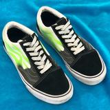 Vans Shoes | Black And White Vans With Neon Green Flame Mens Sz 5.5 Womens Sz 7 Skater Shoes | Color: Black/White | Size: 5.5