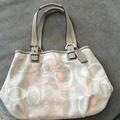 Coach Bags | Medium Size Logo Coach Hand Bag. Leather Handle And Trim. Grey With Pastel “C”S | Color: Gray | Size: Medium