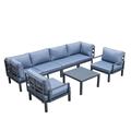 LeisureMod Hamilton 7-Piece Aluminum Patio Conversation Set With Coffee Table And Cushions in Charcoal Blue - LeisureMod HSTBL-7BU