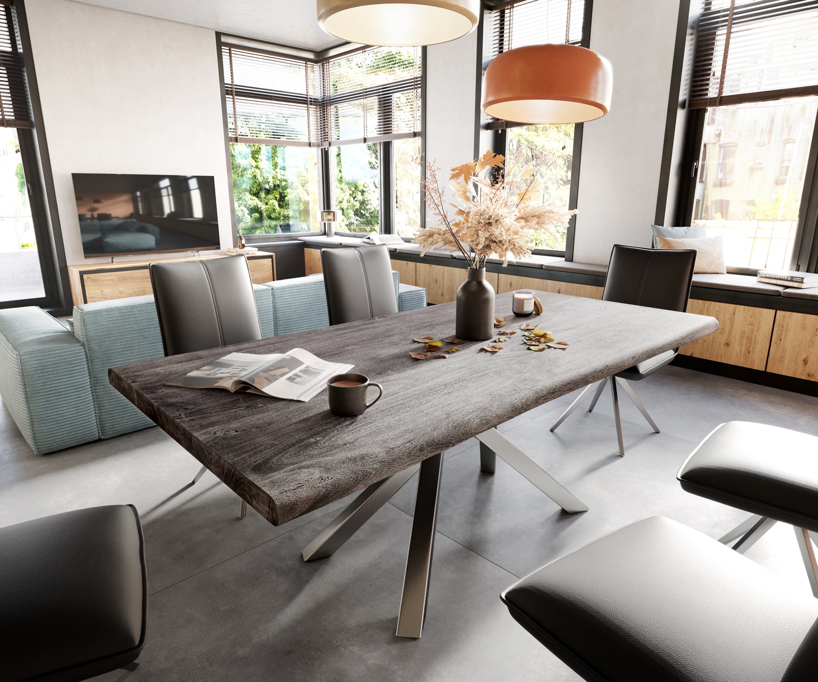 DELIFE Esstisch Edge 200x100 XL Akazie Platin Kreuzgestell Rechteck Edelstahl Live-Edge, Esstische, Baumkantenmöbel, Massivholzmöbel, Massivholz Image