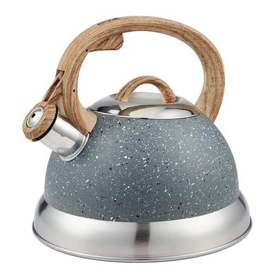 Creative Home 2.3 Qt. Stainless Steel Whistling Tea Kettle with Ergonomic Wood Rubber Touching Handle, Opaque Gray with Speckle