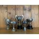 vintage collection of 5 silver plate sporting trophies, trophy, trophies, sporting items, sports, cups, medals