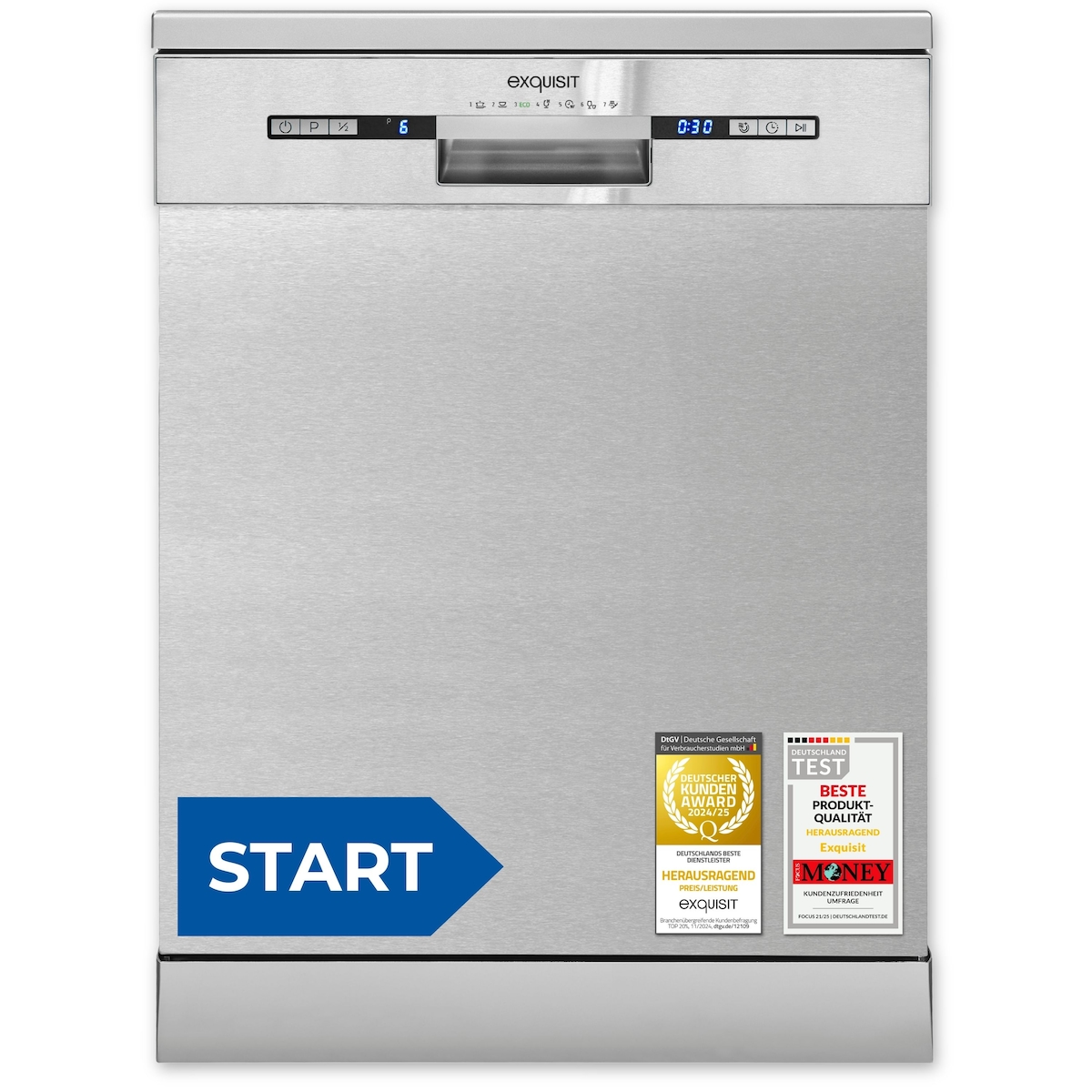 Exquisit START Geschirrspüler 60 cm, 13 Maßgedecke, Unterbaufähig, Startzeitvorwahl, Restlaufanzeige, 7 Spülprogramme, GSP9313-030E inox Image