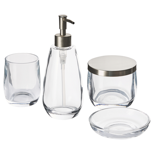 4-teiliges Badezimmer-Set Transparent Glas Seifenspender Seifenschale Zahnbürstenhalter Becher Moderner Minimalistischer Stil Badzubehör für WC