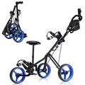 COSTWAY 3 Wheel Golf Push Pull Cart, Lightweight Foldable Golf Trolley with Detachable Stool, 4 Height Position Handle, Umbrella Holder and Foot Brake (Blue)