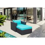 2 Pieces Patio Furniture Set,Manual Weaving PE Wicker Rattan Patio Conversation Sets with Blue Cushion and Ottoman