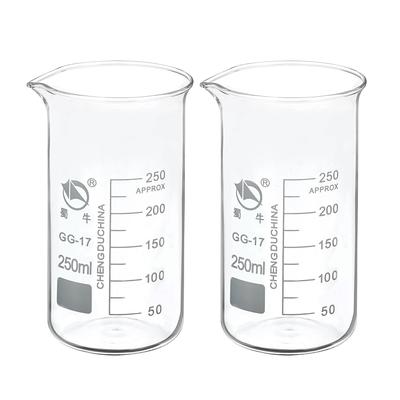 2pcs 250ml Tall Form Glass Beaker 3.3 Borosilicate Lab Measuring Cups - Clear