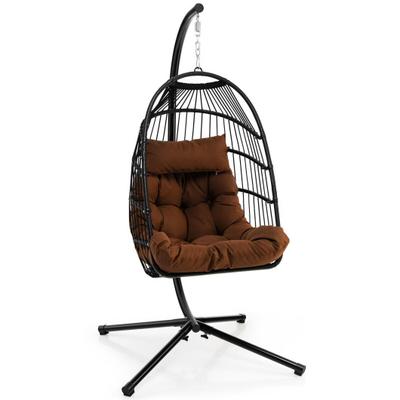 Costway Patio Hanging Egg Chair with Stand Waterproof Cover and Folding Basket-Brown