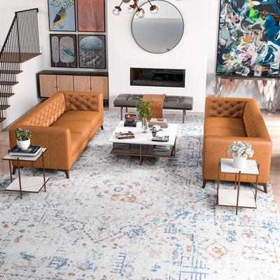 Florentina Mid Century Modern Tufted Full Leather Sofa Set in Tan