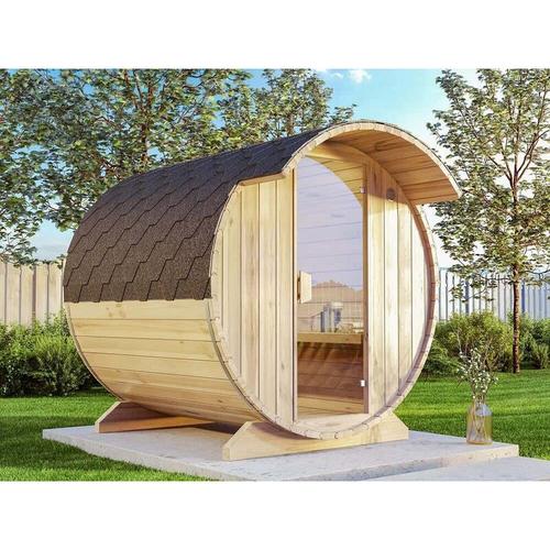 Finntherm – Fass-Sauna Tom, unbehandelt/natur, inkl. Holz-Ofen (18 kW) – Naturbelassen
