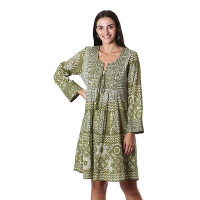 Cool Green,'Screen Printed Embroidered Cotton Dress'