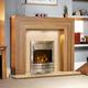 Electric Oak Wood Surround Modern Silver Brushed Steel Pebble Coal Fire LED Fireplace Suite Lights Spotlights 48"