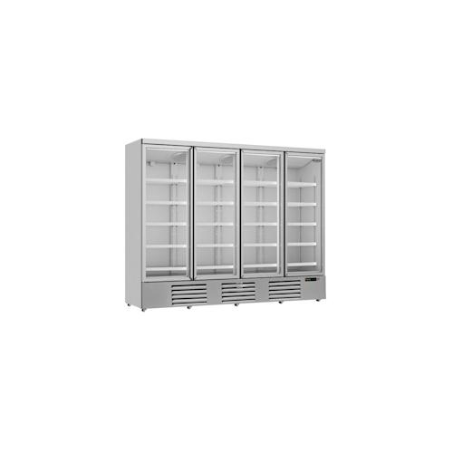 Kühlschrank RHINO auf Rollen | 4x Glastür + LED | 2025 Liter, HxBxT 200,3×250,8x71cm |0/+10°C |Grau + CHEFGASTRO Geschirrtuch