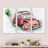 Williston Forge Vintage Red Car In The Street - Industrial Framed Canvas Wall Art Set Of 3 Canvas, Wood in White | 28 H x 36 W x 1 D in | Wayfair