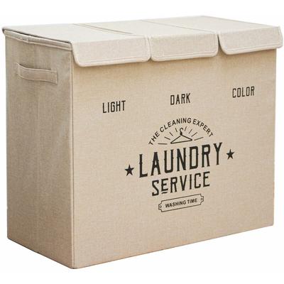 Wäschekorb 3 Fächer - 84L Wäschesammler Beige mit Deckel - Wäsche Organizer Bad Image