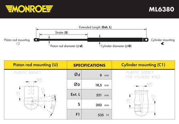 MONROE Gasfeder, Koffer-/Laderaum 535N für SKODA 5JA827550A ML6380 Image
