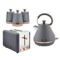 Tower Cavaletto Grey & Rose Gold 3KW 1.7L Pyramid Kettle, 2 Slice 850W Toaster & Set of 3 Tea, Coffee, Sugar Canisters. Matching Kitchen Set of 5 Items in Grey & Rose Gold