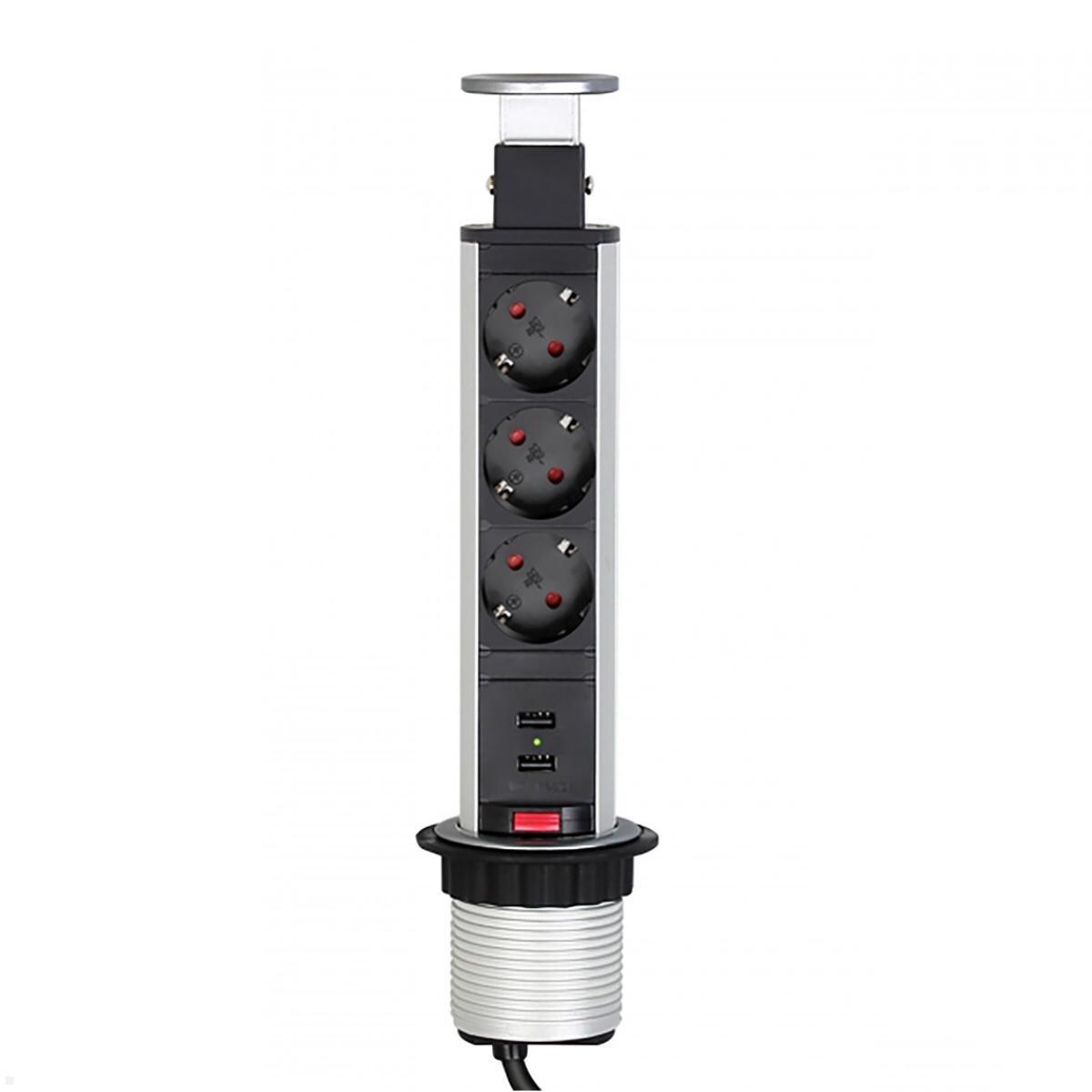 TecLines TVS009E versenkbare 3-fach Steckdosenleiste mit 2x USB, Edelstahl Image