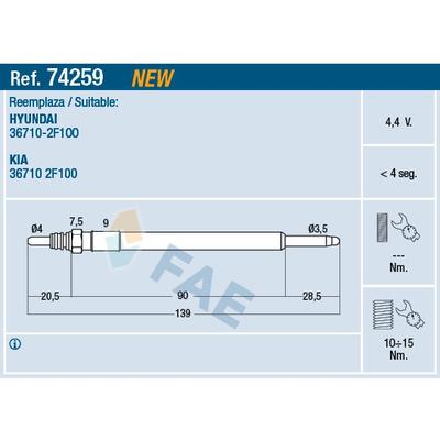 FAE Glühkerze 4,4V für HYUNDAI KIA 36710-2F100 74259