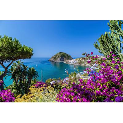 Fototapete PAPERMOON "ISCHIA ITALIEN-BOUGANVILLA INSEL MEER BLUME FELSEN WALD", bunt, B:4,00m L:2,60m, Vlies, Tapeten