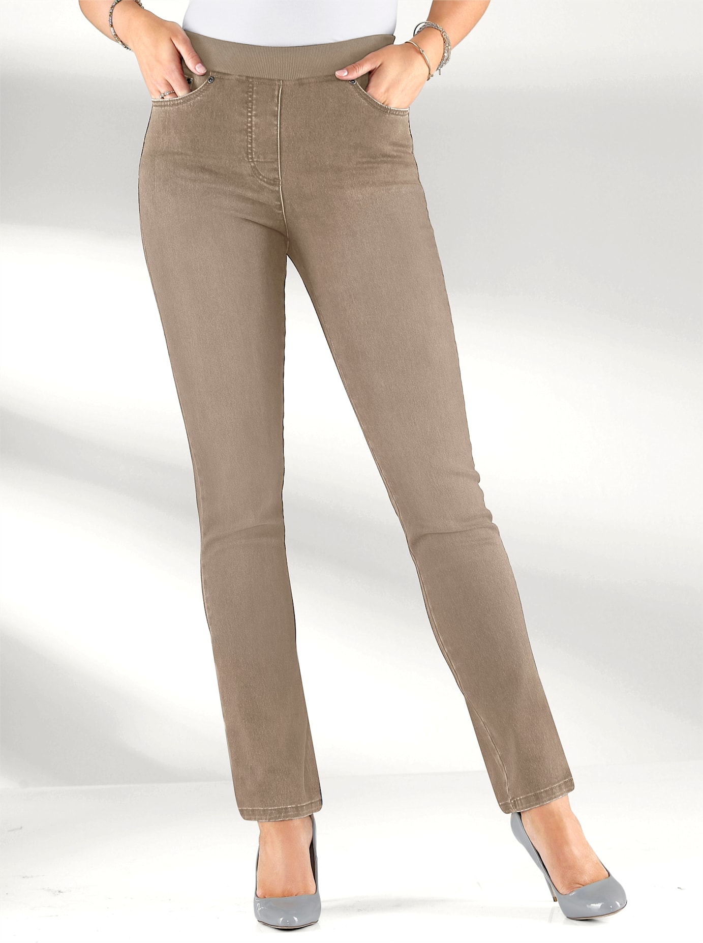 Schlupfjeans INSPIRATIONEN, Damen, Gr. 225, Extrakurzgrößen, beige (sesam), 76% Baumwolle, 22% Polyester, 2% Elasthan, unifarben, lang, Jeans Image
