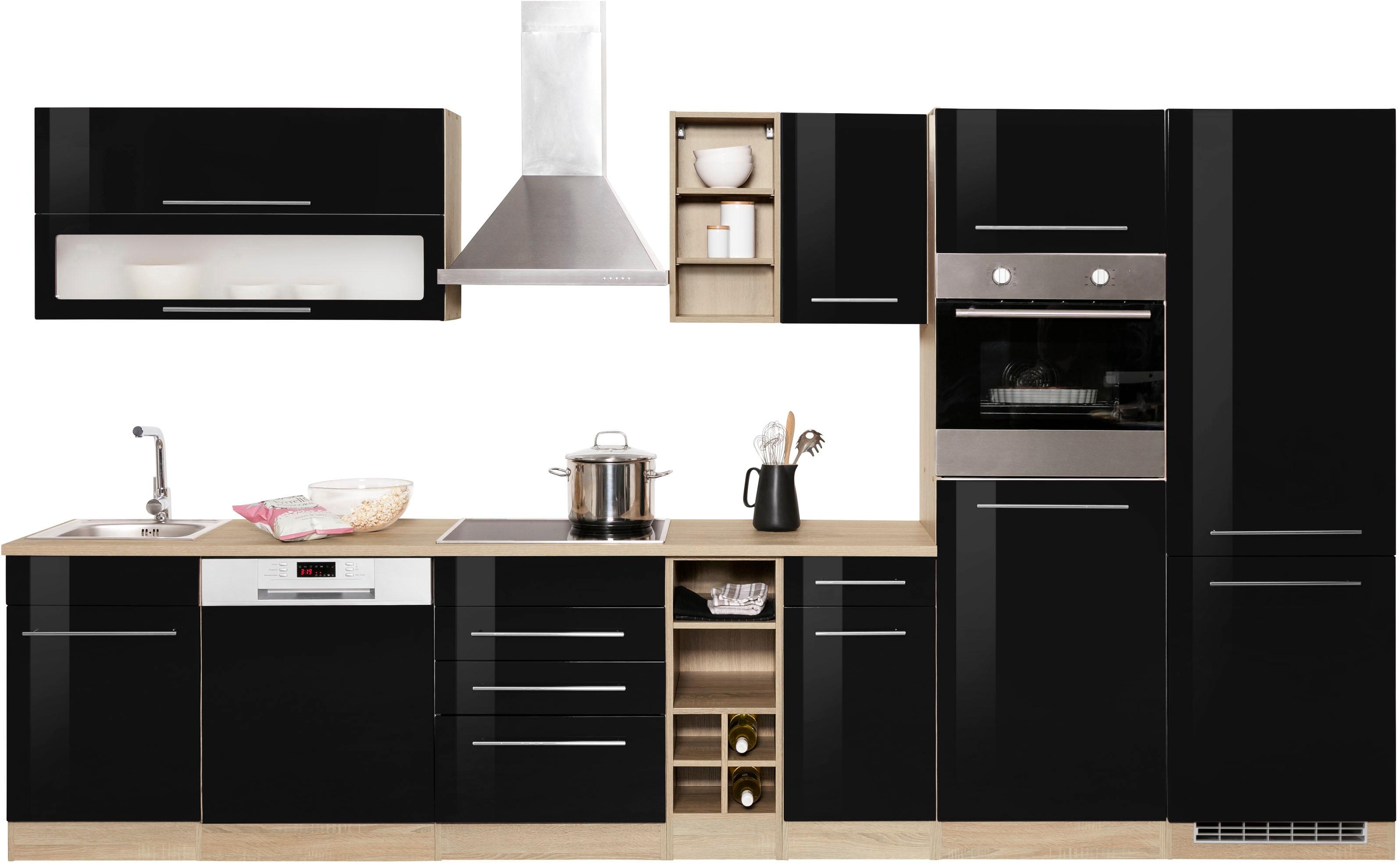 Küchenzeile KOCHSTATION "KS-Eton", schwarz (küche: schwarz, korpus: eichefarben, arbeitsplatte: eichefarben), B/H/T: 360cm x 60cm, Komplettküchen-Sets, ohne E-Geräte, Breite 360 cm Image