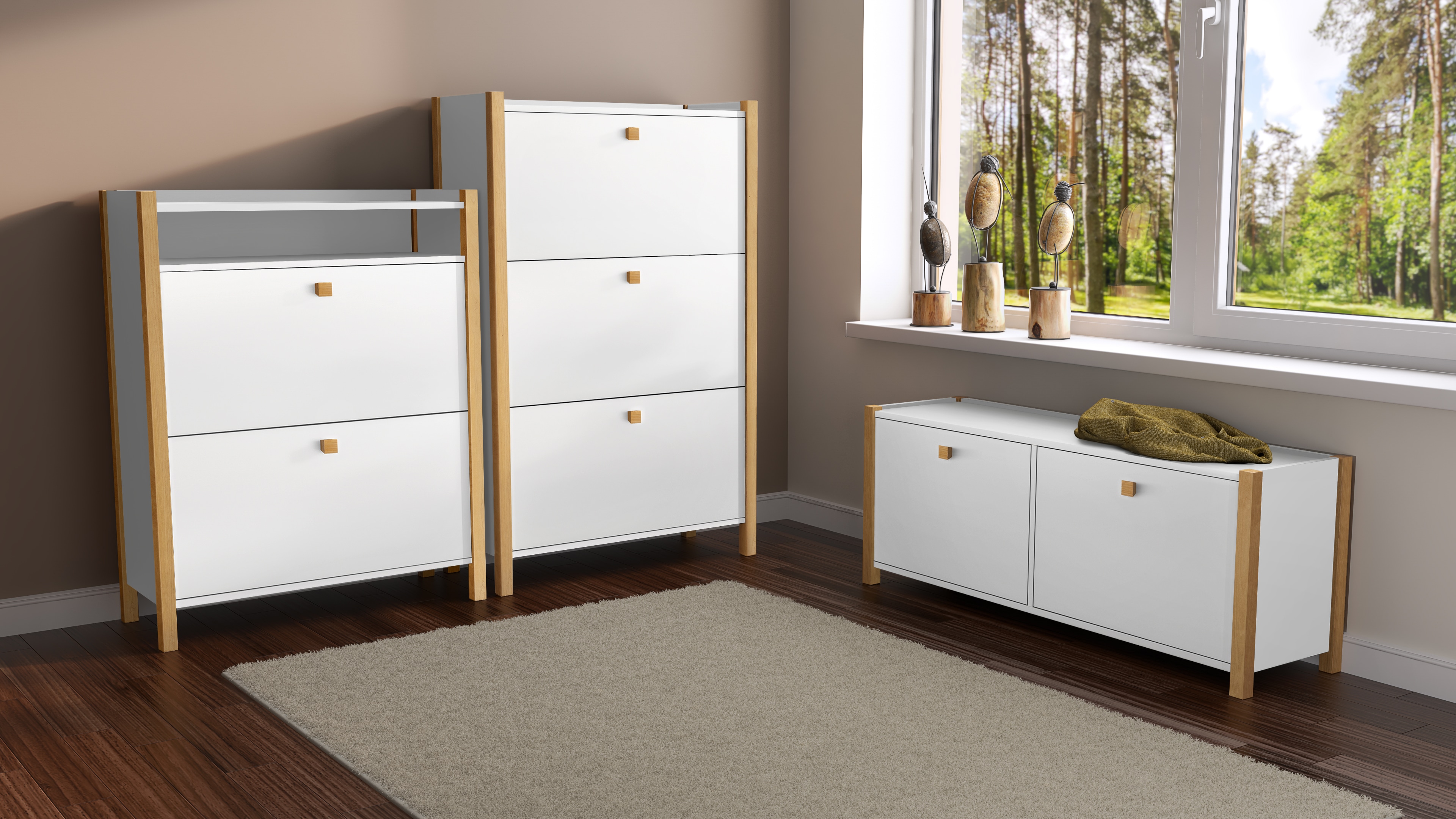 Schuhbank ANDAS, weiß (weiß, birke), B:125cm H:44cm T:35cm, Sitzbänke, Schuhbank, im skandinavian Design, Holzfurnier aus Eiche, FSC