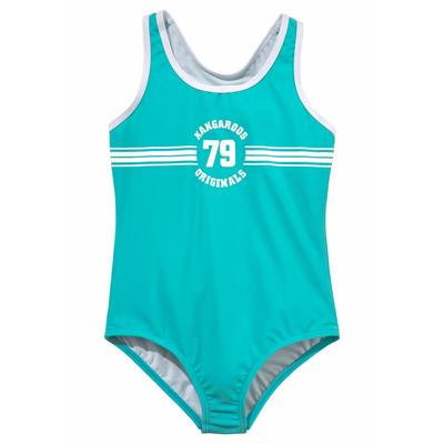 Badeanzug KANGAROOS "Sporty", Kinder, Gr. 146/152, N-Gr, blau (türkis), Polyamid, unifarben, kontrastfarbene Details, Badeanzüge, mit sportlichem Frontdruck Image