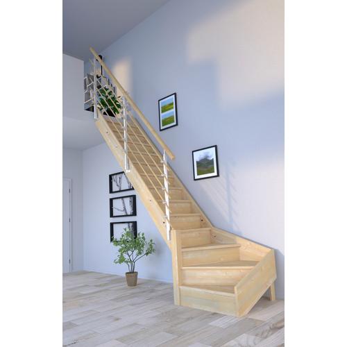 „STARWOOD Raumspartreppe „“Massivholz Korfu, Design-Geländer Holzrundstäbe““ Treppen gewendelt Links, Durchgehende Wangenteile Gr. gewendelt, beige (natur) Treppen“