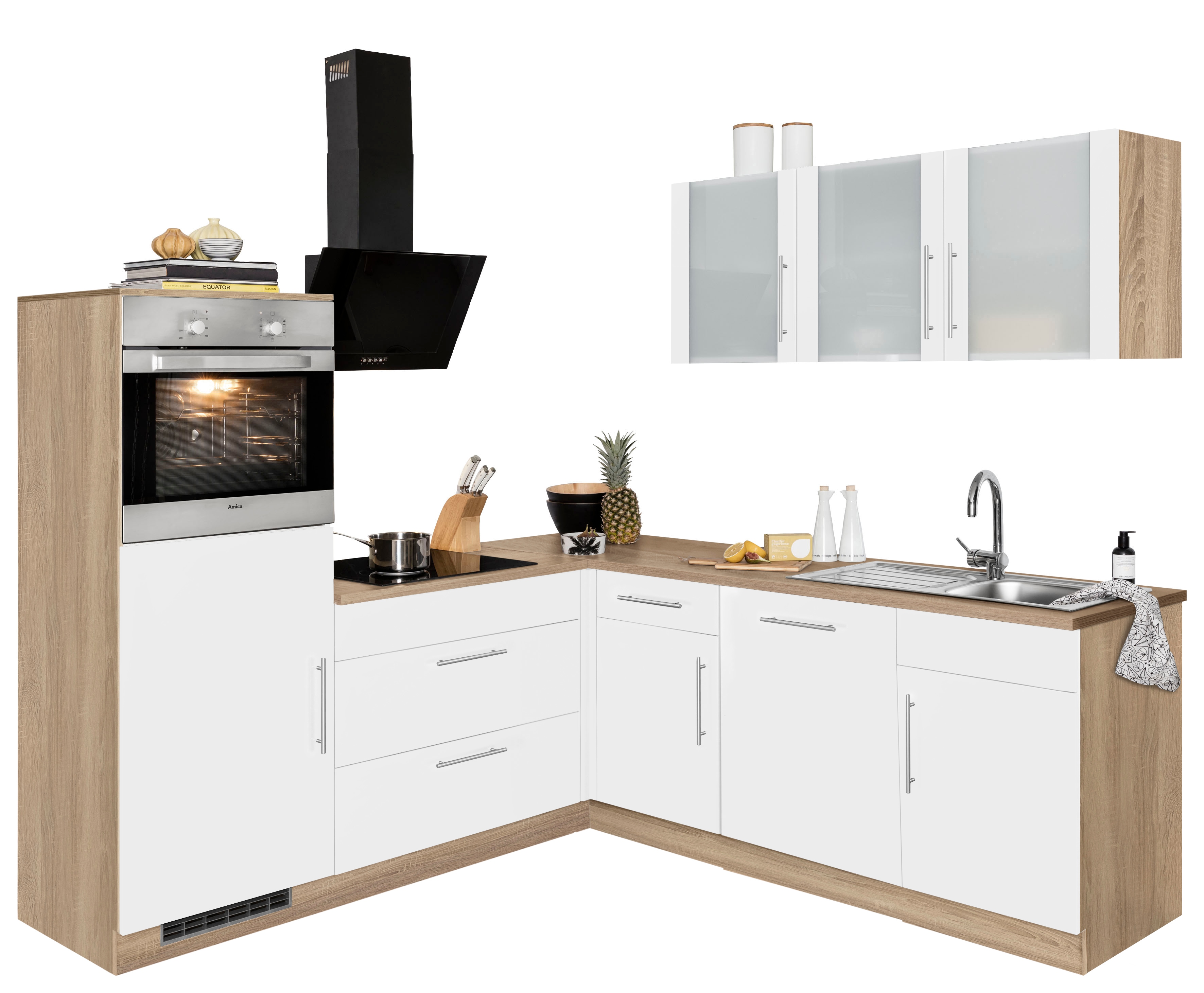 Winkelküche WIHO KÜCHEN "Cali", weiß (küche: braun, korpus: sonoma eiche nachbildung, arbeitsplatte: sonoma eiche nachbildung), B:210cm T:220cm, Komplettküchen-Sets, ohne E-Geräte, Stellbreite 210 x 220 cm Image