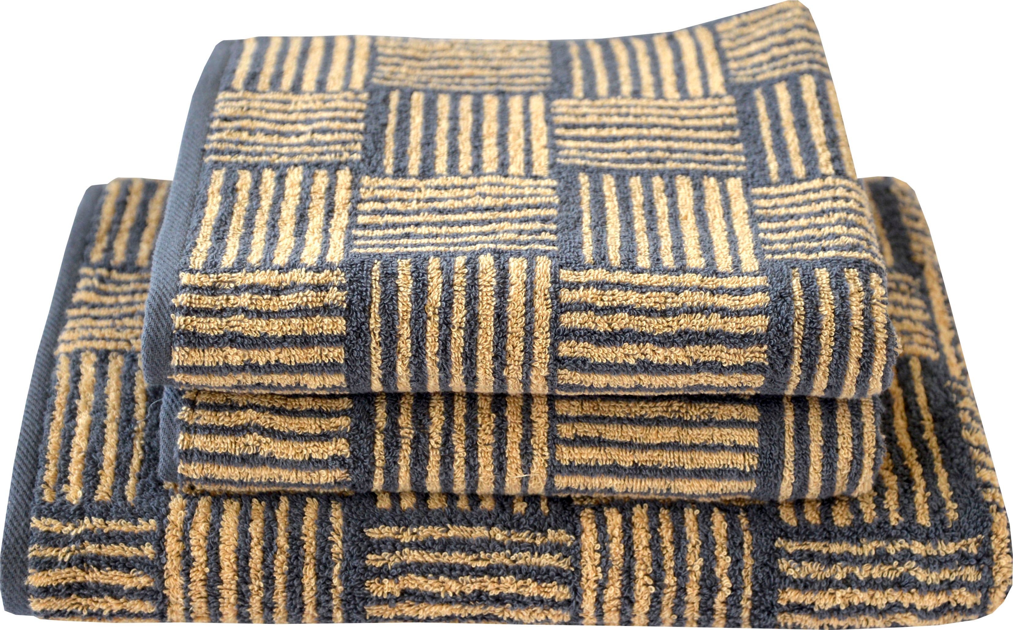 Handtuch Set DYCKHOFF "Golden Shades Basket", gold (goldfarben), 3 Stk., Walkfrottier, Walkfrottier, Obermaterial: 100% Baumwolle, Handtuch-Sets, mit graphischem Muster;2 Handtücher (50x100cm), 1 Duschtuch (70x140cm)