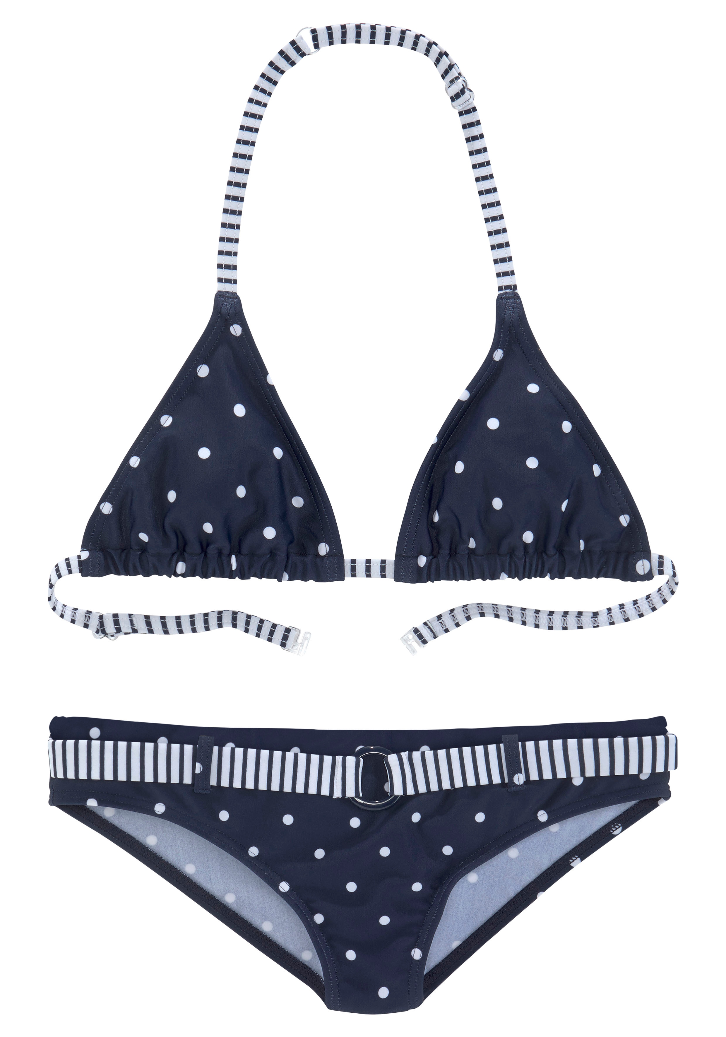 Triangel-Bikini S.OLIVER "Audrey Kids", Kinder, Gr. 146/152, N-Gr, blau (marine, weiß), Polyamid, geblümt, gestreift, Bikini-Sets, im Punkte-Streifen-Mix Image