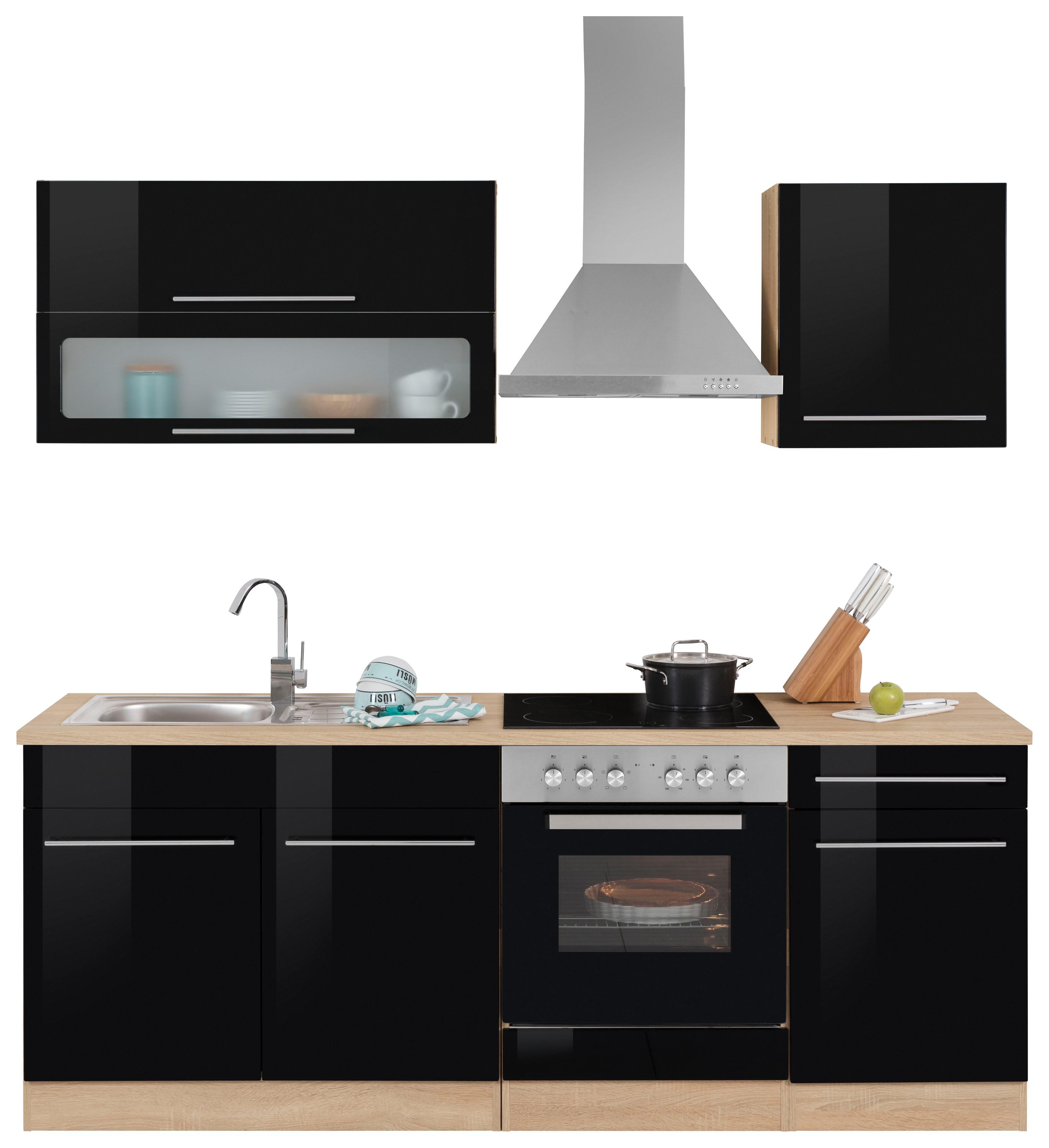 Küchenzeile KOCHSTATION "KS-Eton", schwarz (küche: schwarz, korpus: eichefarben, arbeitsplatte: eichefarben), B:210cm T:60cm, Komplettküchen-Sets, ohne E-Geräte, Breite 210 cm Image