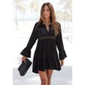 Longbluse LASCANA, Damen, Gr. 52/54, schwarz, Web, Obermaterial: 100% Viskose. Spitze: 100% Baumwolle, modisch, figurumspielend kurz, V-Ausschnitt, Langarm Volant, Blusen, mit Spitzeneinsätzen, Tunika, Blusenkleid, Strandmode