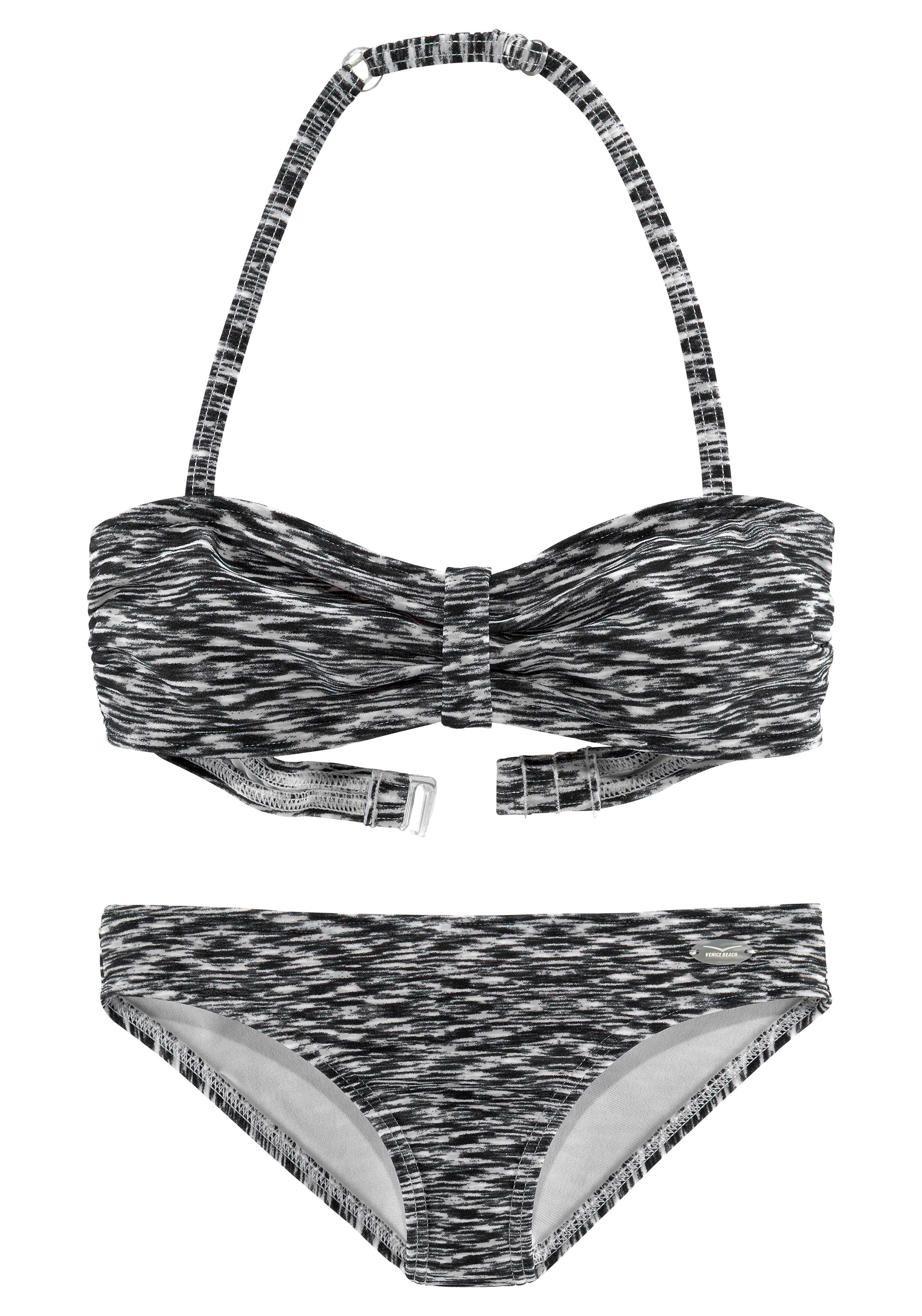 Bandeau-Bikini VENICE BEACH, Kinder, Gr. 146/152, N-Gr, schwarz-weiß (schwarz, weiß), Polyamid, Melange-Effekt, Bikini-Sets, regulierbares Top, seitliche Stäbchen Image