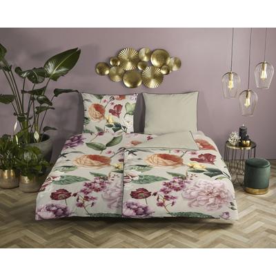 Wendebettwäsche DESCANSO "Fiori", beige (sand), B/L: 135cm x 200cm, , Satin (Bio-Baumwolle), B/L: 80cm x 80cm, Satin (Bio-Baumwolle), Obermaterial: 100% Baumwolle, Bettwäsche, Baumwolle, Satin, 135x200, Biese, Reißverschluss, Wende, Blumen Sand Image
