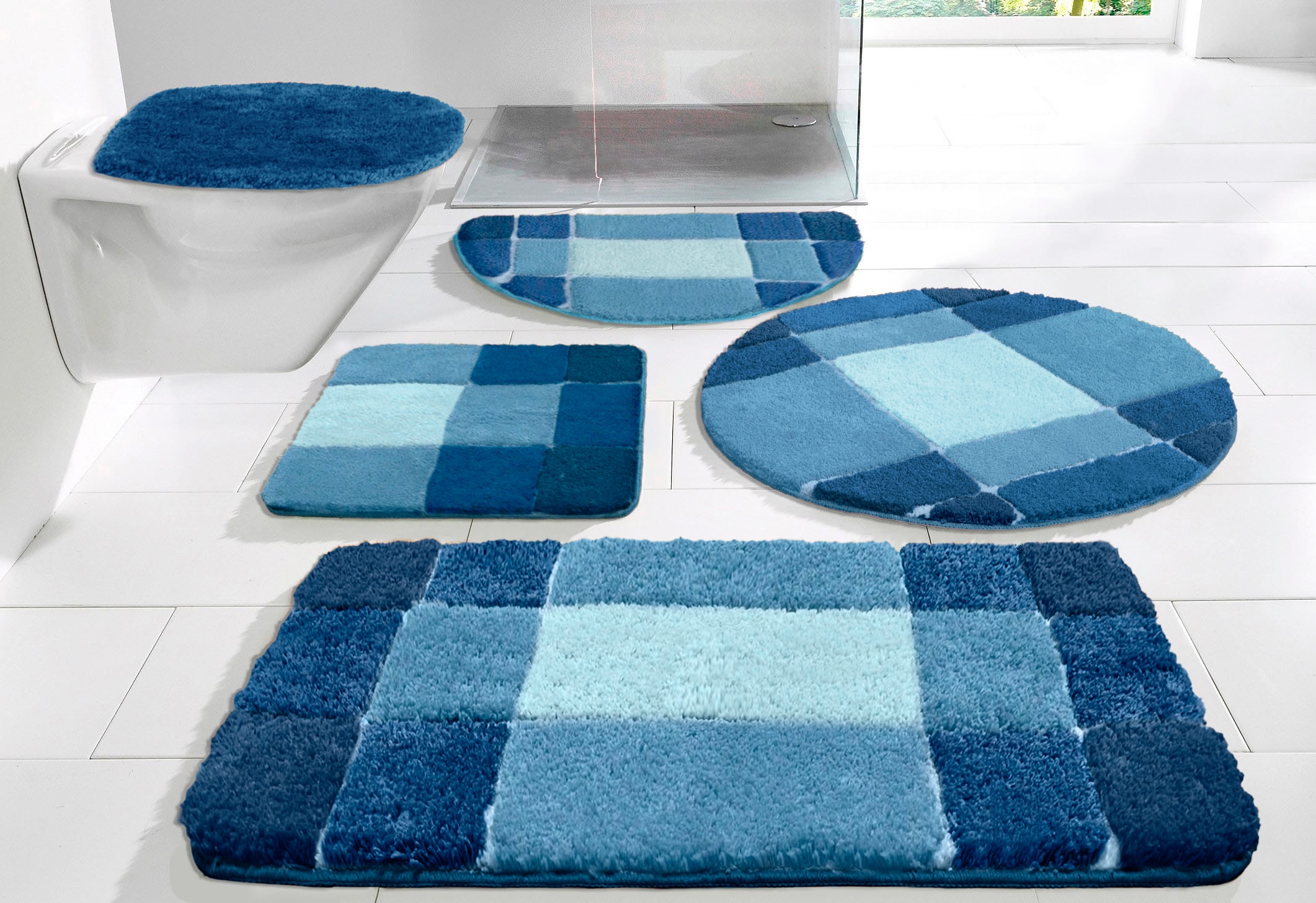 Badematte MY HOME "Pia, Badvorleger, Badezimmer Teppich" Gr. 4, blau, H:20mm, Polyester, Badematten, Badematte, Badteppich, karierte Badematten, rechteckig, rund & als 3-tlg. Set
