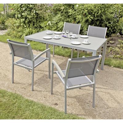 Garten-Essgruppe GARDEN PLEASURE "GRACE", bunt (grau, silber, grau, silberfarben), B:290cm H:86cm T:150cm, Aluminium, Kunststoff, Glas, Sitzmöbel-Sets, mit platzsparenden Stapelstühlen