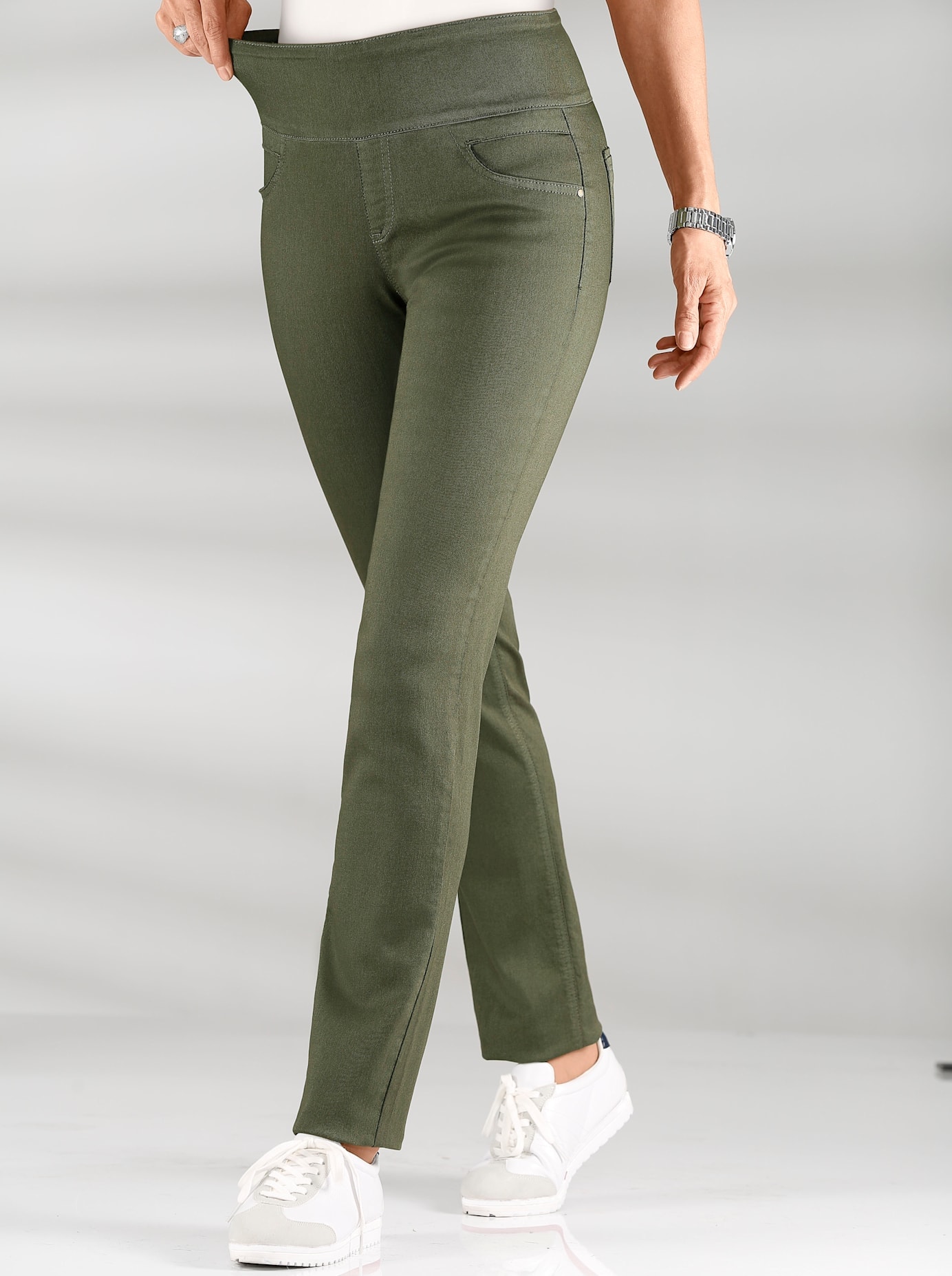 Schlupfhose CASUAL LOOKS, Damen, Gr. 21, Kurzgrößen, grün (khaki), 65% Baumwolle, 33% Polyester, 2% Elasthan, unifarben, lang, Hosen Schlupfhose