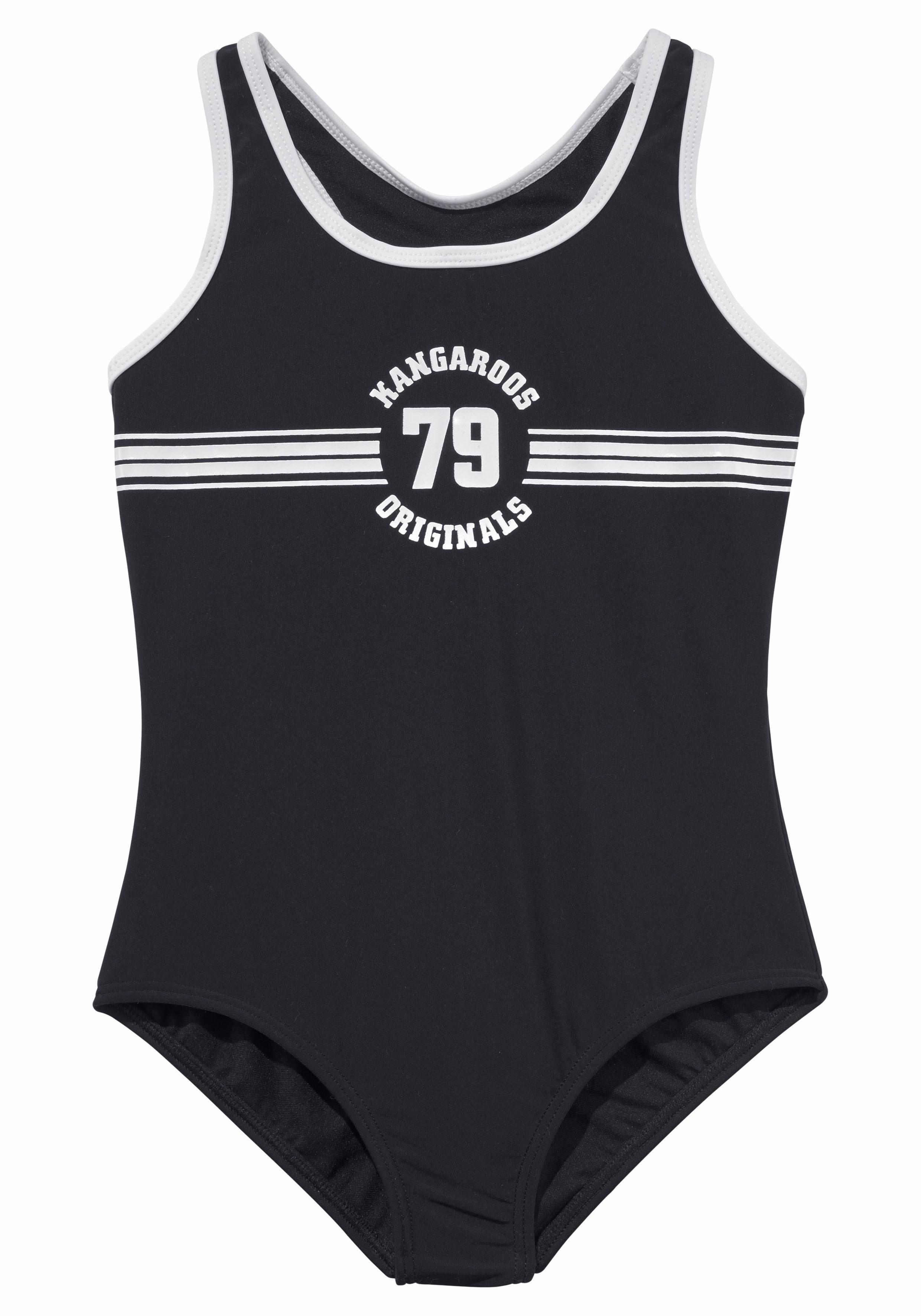 Badeanzug KANGAROOS "Sporty", Kinder, Gr. 122/128, N-Gr, schwarz, Polyamid, kontrastfarbene Details, unifarben, Badeanzüge, mit sportlichem Frontdruck Image