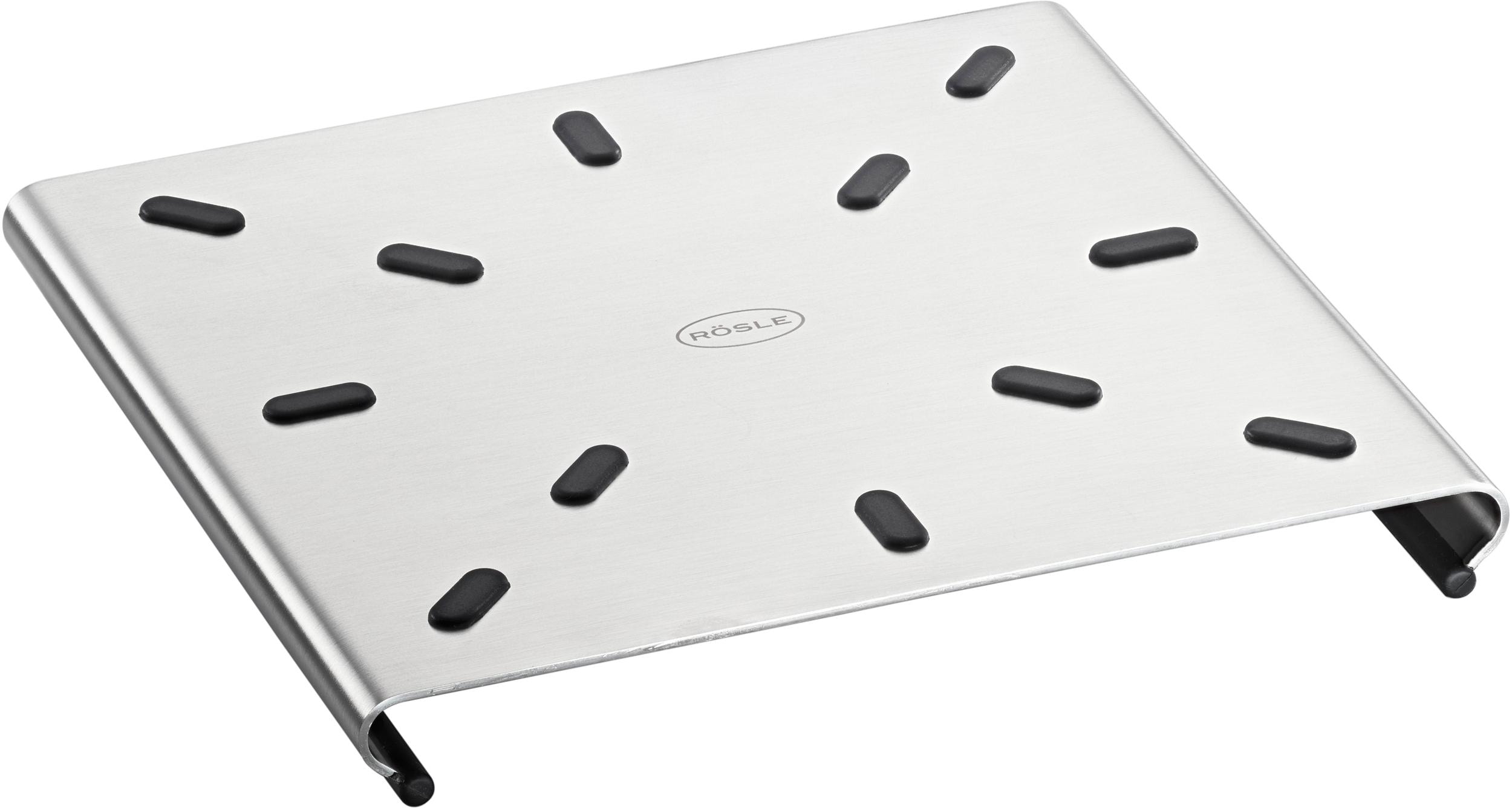 Topfuntersetzer RÖSLE, silber (edelstahlfarben), B:17,5cm H:1,8cm T:17cm, Edelstahl, Untersetzer, Topfuntersetzer, mit Silikonstopper und -füßen, Edelstahl 18/10, spülmaschinengeeignet