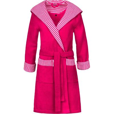 Damenbademantel ESPRIT "Day, ideal für Sauna & Spa, Hotelbademantel, Morgenmantel" Gr. L, lila (raspberry), L:97cm in Gr. L, Microfaser-Webfrottier, Hausmäntel, mit Kapuze, gestreiften Akzenten & Logostickerei, kurz Image