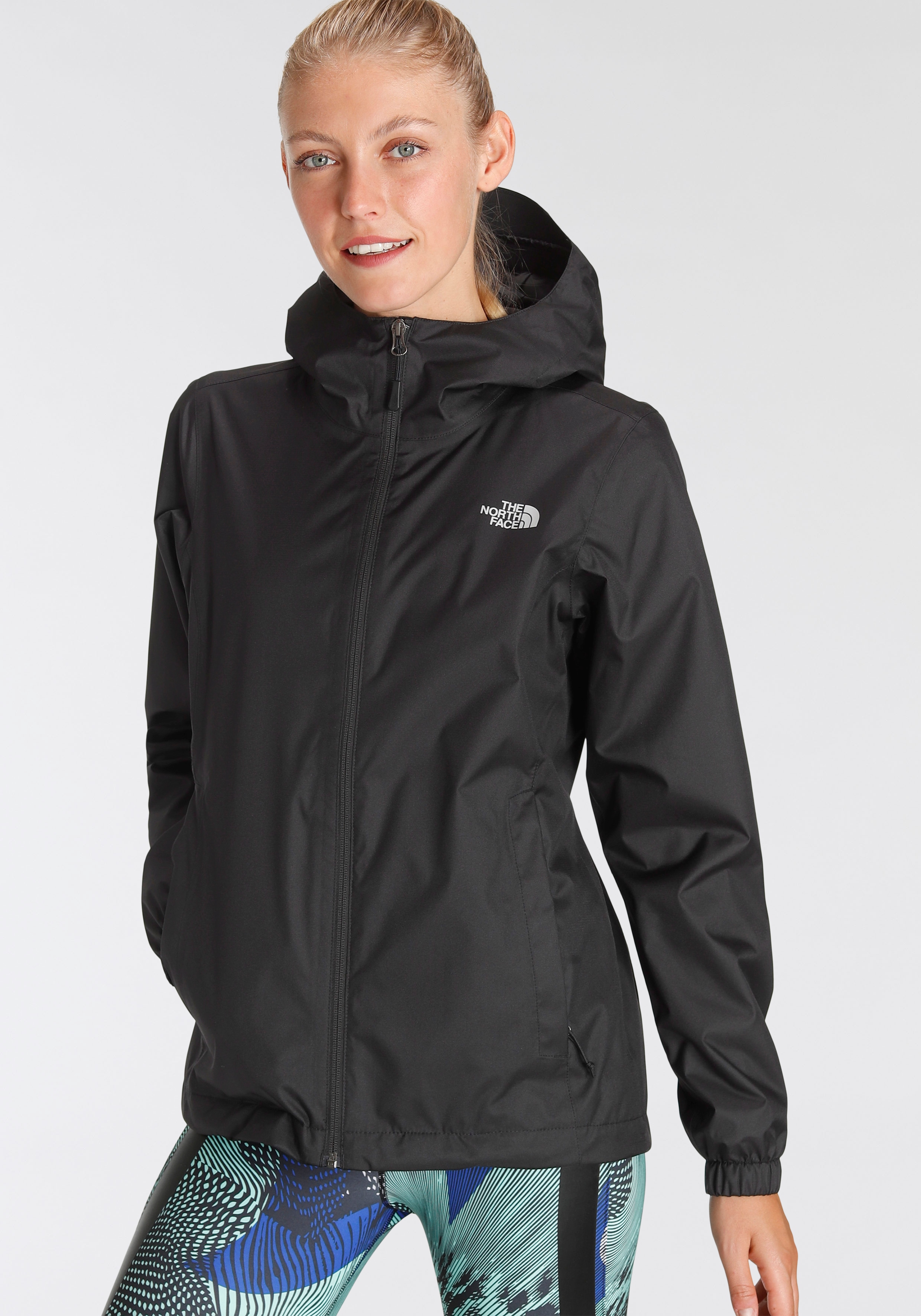 Regenjacke THE NORTH FACE "QUEST", Damen, Gr. S (34), schwarz, Obermaterial: 100% Polyester. Futter: 100% Polyester, hoch geschlossener Ausschnitt, mit Gummizug, Jacken Regenjacke, mit verstellbarer Kapuze, mit Cinch-Stopper am Saum, atmungsaktiv