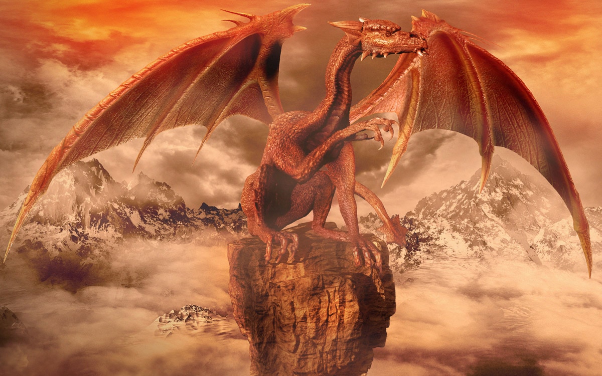 Fototapete PAPERMOON "Fantasie Roter Drache", bunt, B:3,5m L:2,6m, Vlies, Tapeten Image