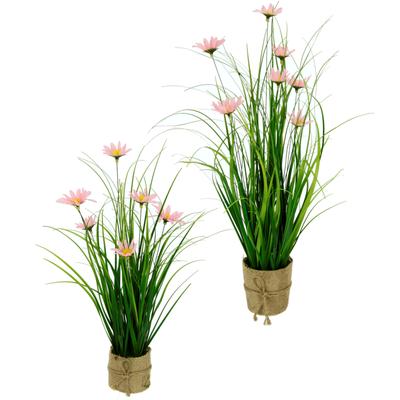 Kunstgras I.GE.A. "Gasbusch", rosa (hellrosa), 2 St., Kunststoff, Kunstpflanzen, mit Margeritenblüten und Band, in Jutetopf, 2er Set Image