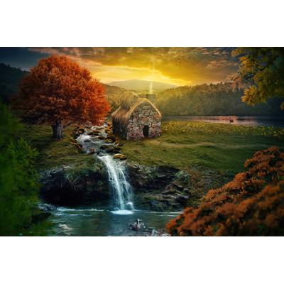 Fototapete PAPERMOON "NATUR-IDYLLE-RUHIG BERGE WASSERFALL FLUSS BACH HERBST", bunt, B:3,50m L:2,60m, Vlies, Tapeten Image
