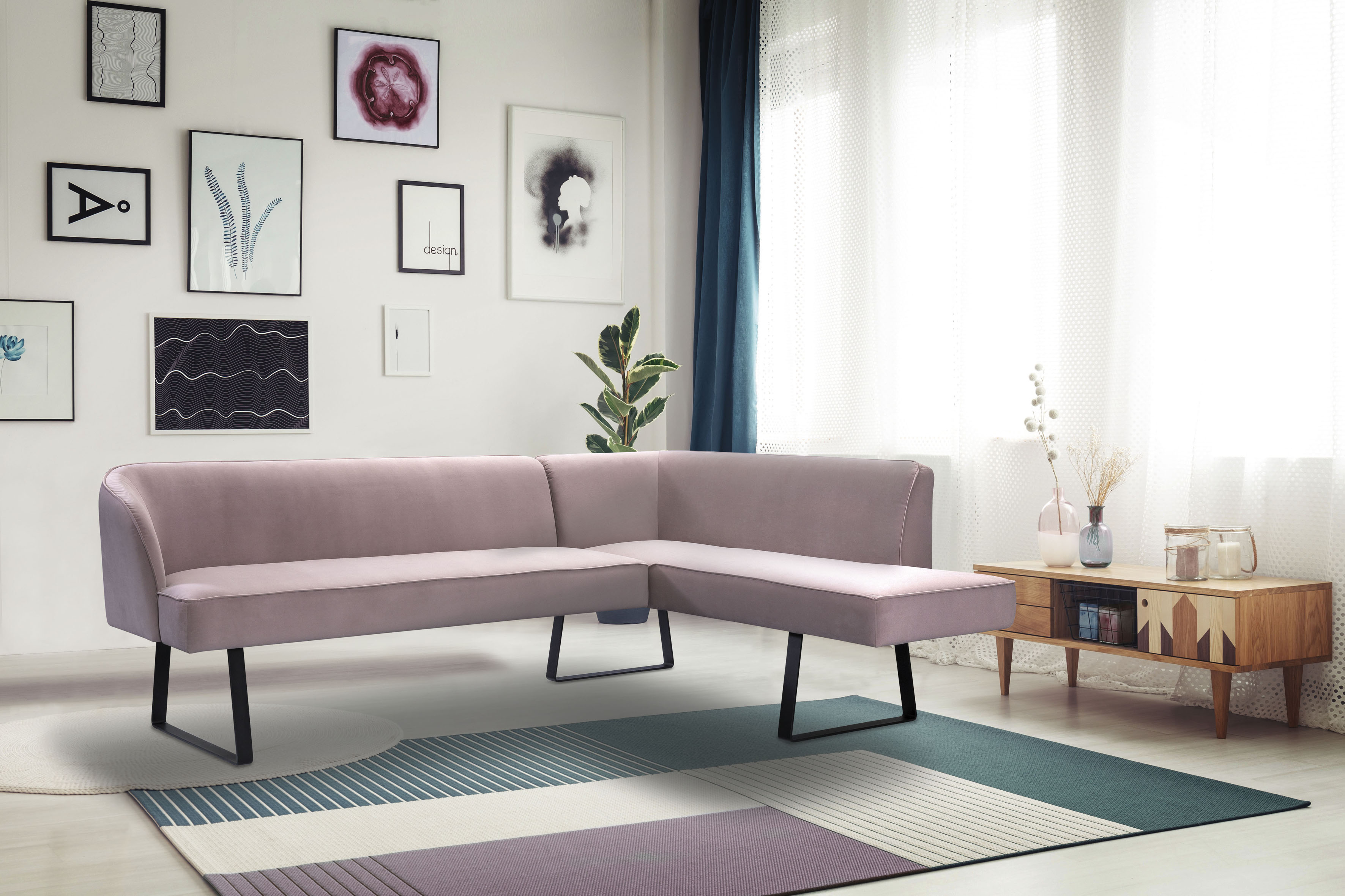 Eckbank EXXPO - SOFA FASHION "Americano", pink (powder pink), B:270cm H:83cm T:197cm, Sitzbänke, mit Keder und Metallfüßen, Bezug in verschiedenen Qualitäten Image