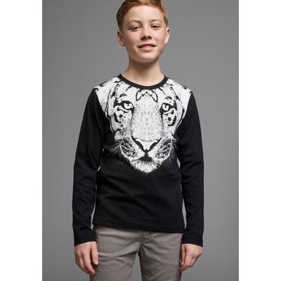 Langarmshirt KIDSWORLD "WHITE TIGER", Jungen, Gr. 140/146, schwarz, Jersey, Obermaterial: 100% Baumwolle, modisch, Basic, Rundhals, Langarm, Shirts, Basic Passform, stylischer Druck, Rundhalsausschnitt Image